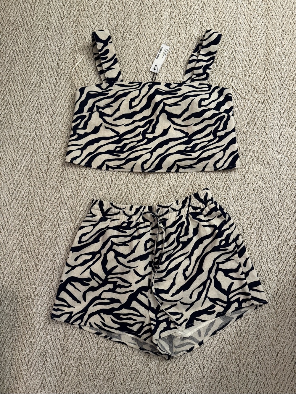 Zebra Print Crop Top & Shorts Set - Navy blue on Cream